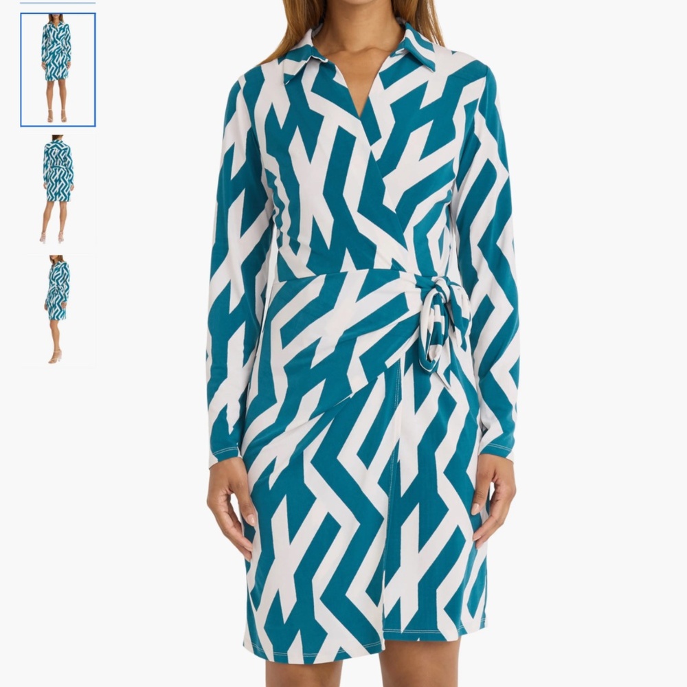 Donna Morgan Teal and White Long Sleeve Collared Wrap Dress